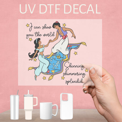 Stunning UV DTF decal featuring Jasmine and Aladdin, perfect for fans of the enchanting tale.