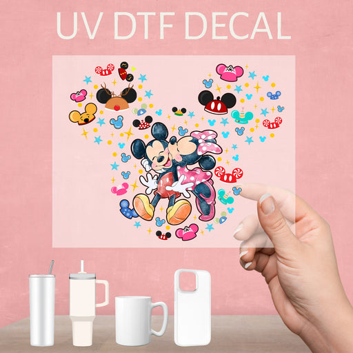 Adorable UV DTF decal featuring Mickey and Minnie, perfect for fans of Disney's iconic duo.