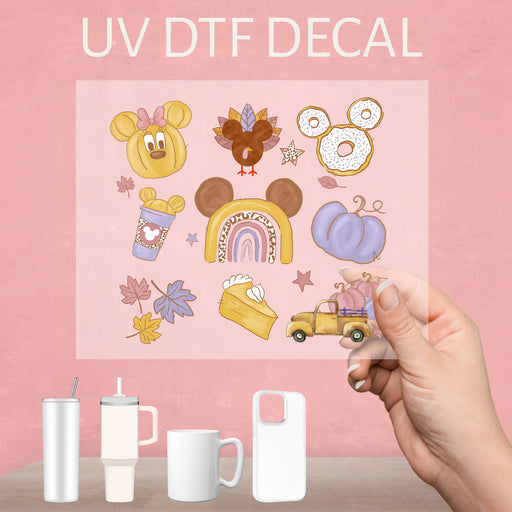 Adorable UV DTF decal featuring Mickey in fall doodles, perfect for autumn-themed decor and crafts.