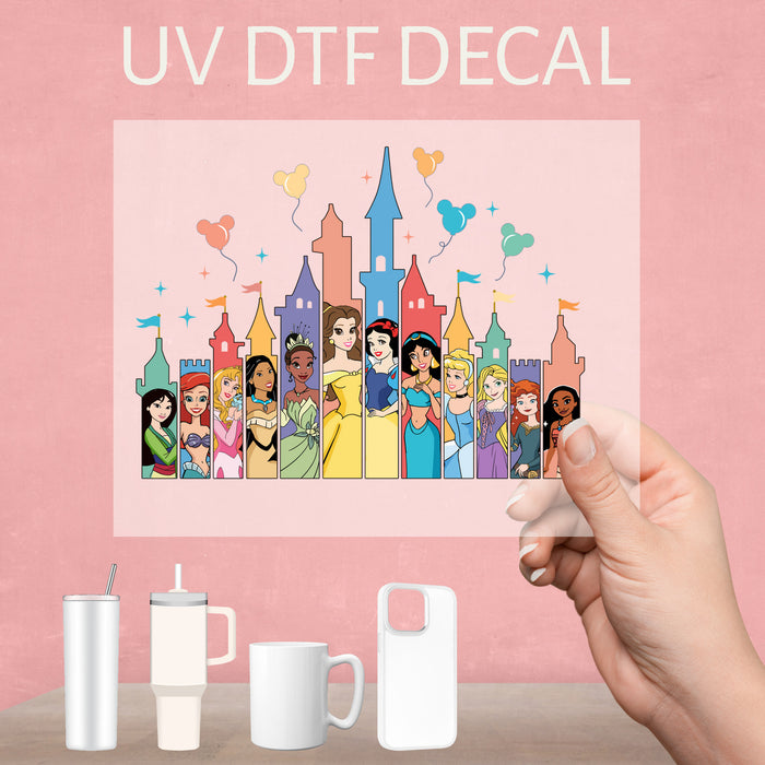 Beautiful UV DTF decal showcasing Disney princesses, perfect for adding a touch of fairy tale magic.