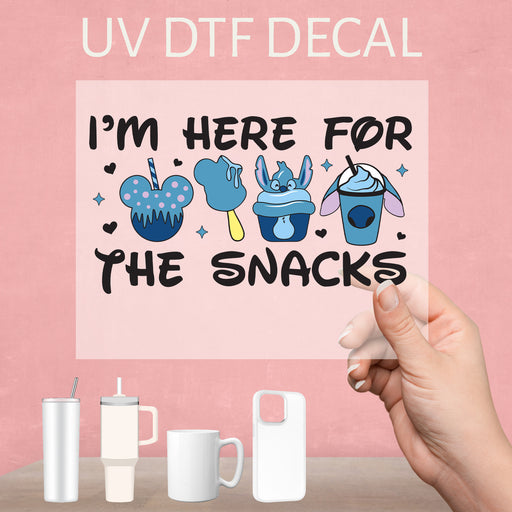 UV DTF decal stitch 'Here for Snacks' design showcasing a playful and vibrant snack theme.