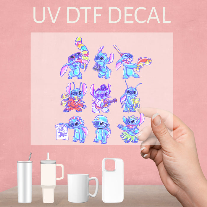 Cute UV DTF decal featuring Stitch, perfect for fans of the mischievous alien from Lilo & Stitch.