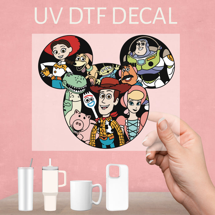 Fun UV DTF decal featuring Toy Story characters, perfect for adding a playful touch to any item.