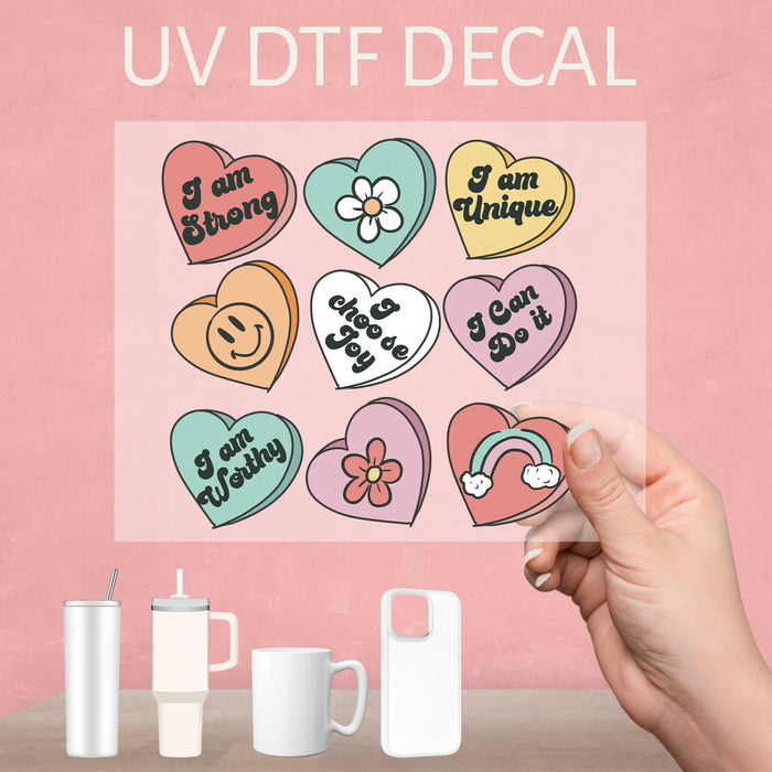 UV DTF decal featuring hearts for Valentine's Day, perfect for romantic decorations and gifts.