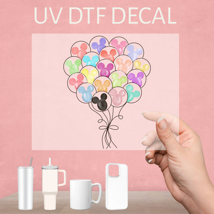 UV DTF decals featuring Mickey balloons, adding a fun and cheerful touch to any surface.