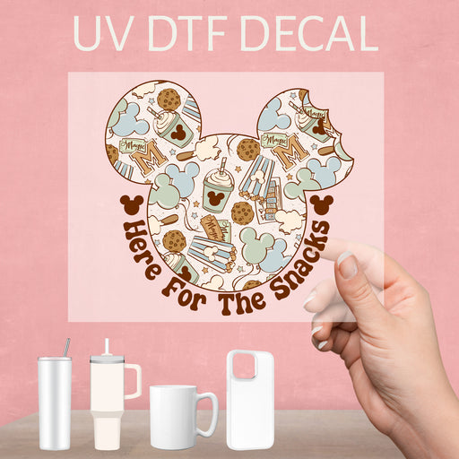 Fun UV DTF stickers featuring Mickey ears and Disney snacks, perfect for adding a magical touch.