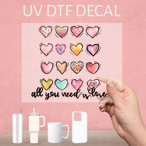 Charming UV DTF decal featuring hearts, perfect for adding a romantic touch to your Valentine's Day celebrations.